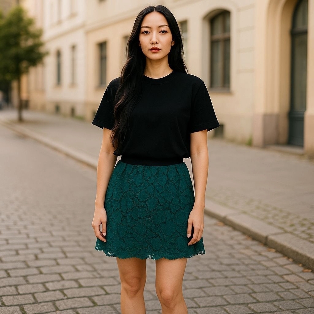 J. CREW SZ 18 green black lace scallop hem skirt elastic waist WSK99